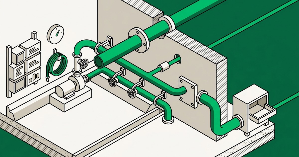 Flat isometric cutaway of a service room wall where one green pipe passes straight through a flanged sleeve, a thinner line passes through a narrow coupling, and a third pipe meets a bolted blanking plate and routes down and around into a small transfer cabinet.