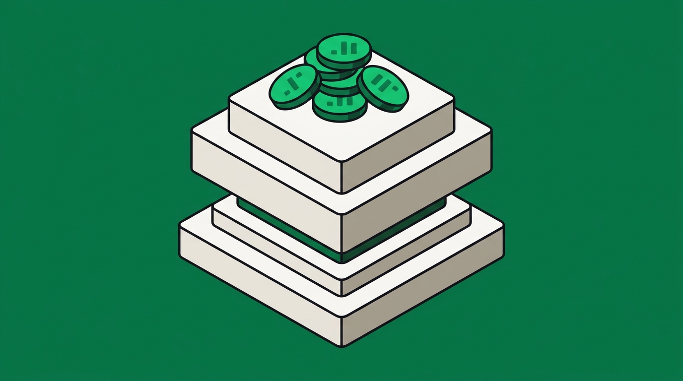 Flat isometric illustration. Four flat tiers stacked one on another like strata, each a different thickness, with coins resting on the topmost tier only. What sits on what is the point. Grounded on a plinth. No cables.