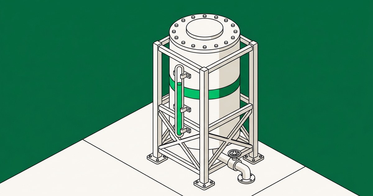 Flat isometric illustration of an off-white holding tank in a braced frame, with a green level in an external gauge tube sitting just above a painted band on the tank