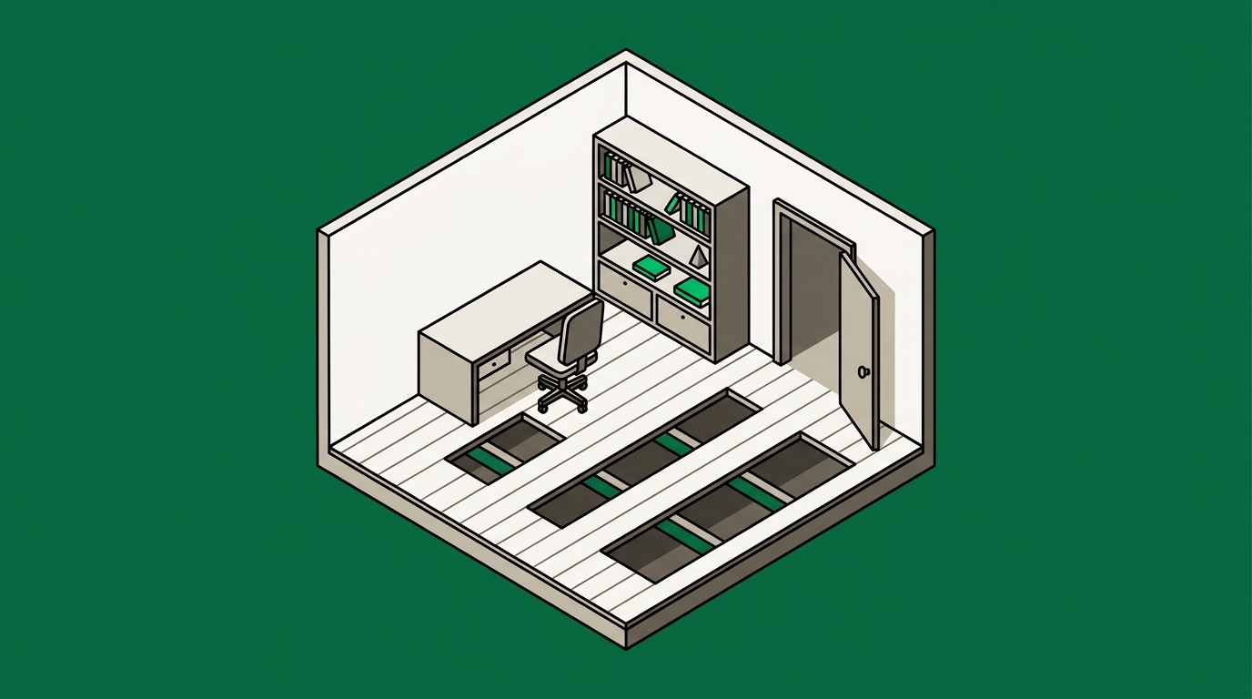 Flat isometric illustration. A room with a visible floor and two walls: a plain office interior containing a desk, a chair, shelving and a doorway. Three floorboards are missing at intervals across the room, each gap larger than the last. Furnished and inhabited-looking, not a void. No cables.