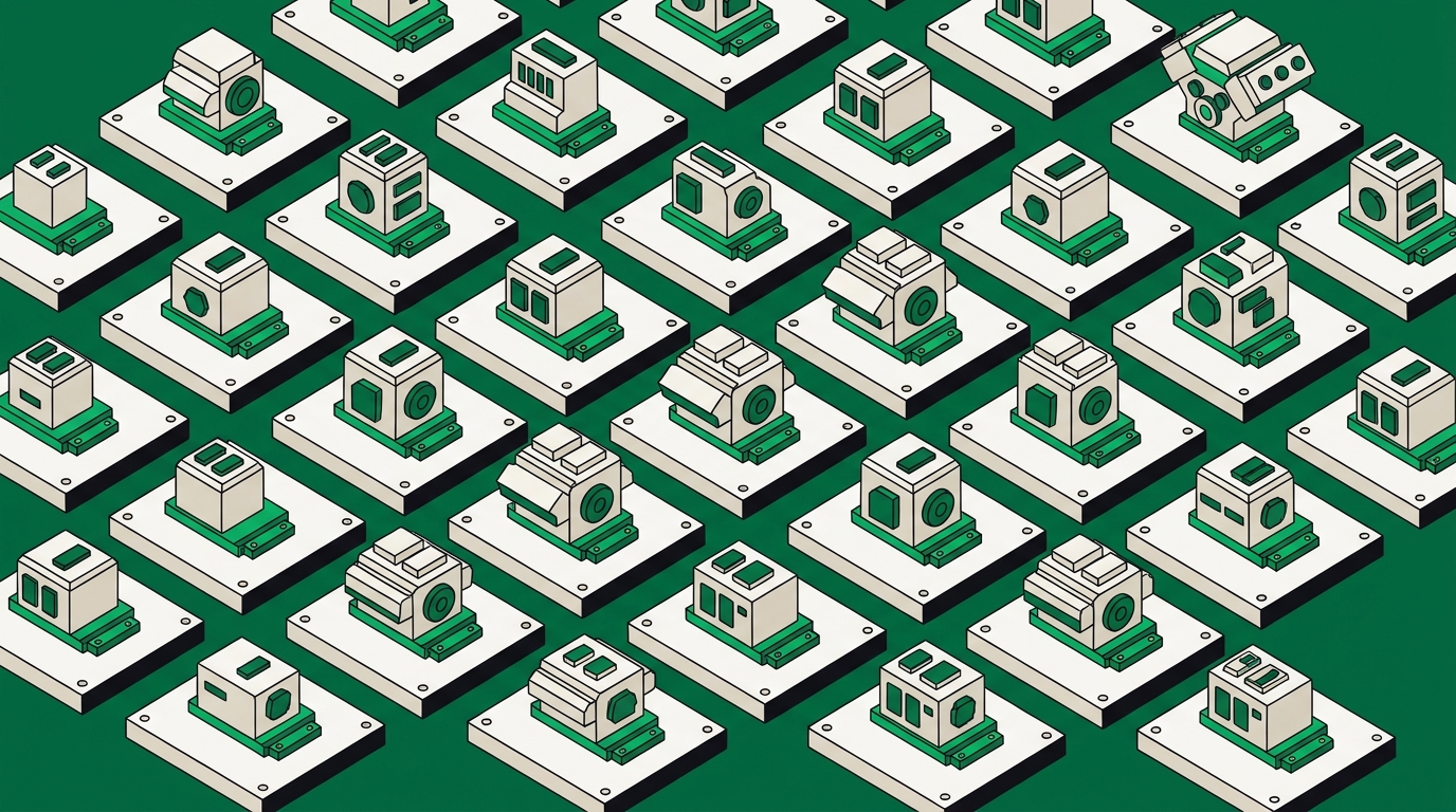 Flat isometric illustration. Rows of identical mounting plates seen from above and to one side, each holding a differently sized engine block, all sharing the same connector footprint. The regular pattern is the subject. Mostly off-white, field reduced to a narrow border. No cables.
