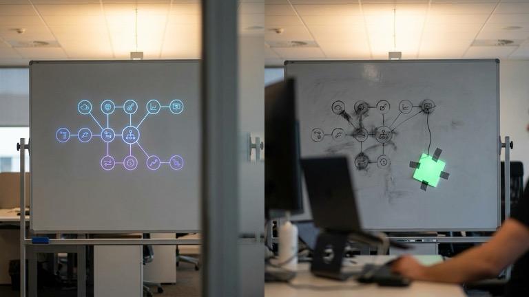 Split whiteboard comparison - connected AI workflow vs disconnected misfit element