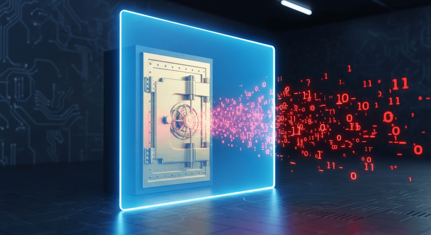 Holographic shield barrier protecting a vault while morse code streams bounce off it, cybersecurity concept