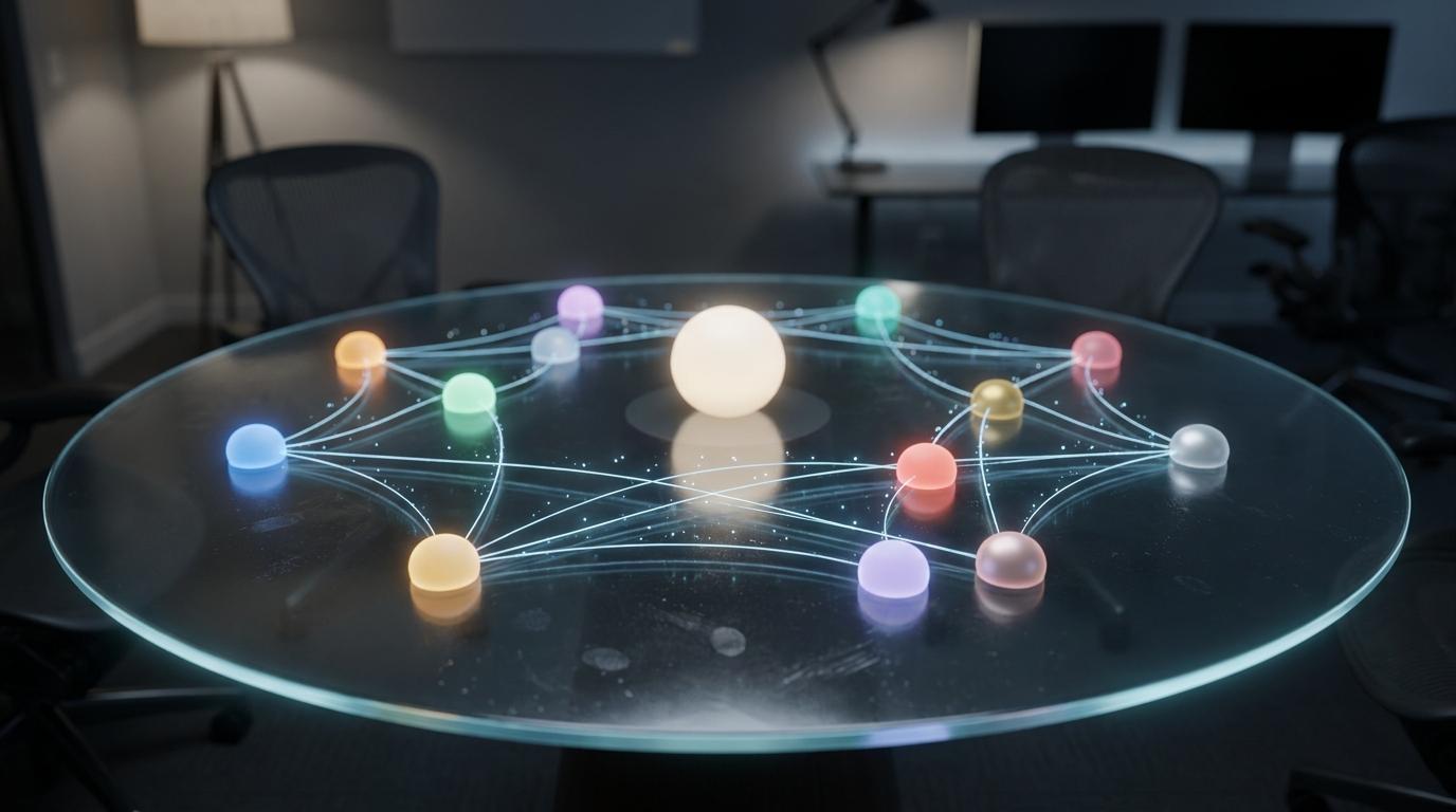 Nine glowing nodes connected in a mesh network on a glass table, representing AI agent collaboration