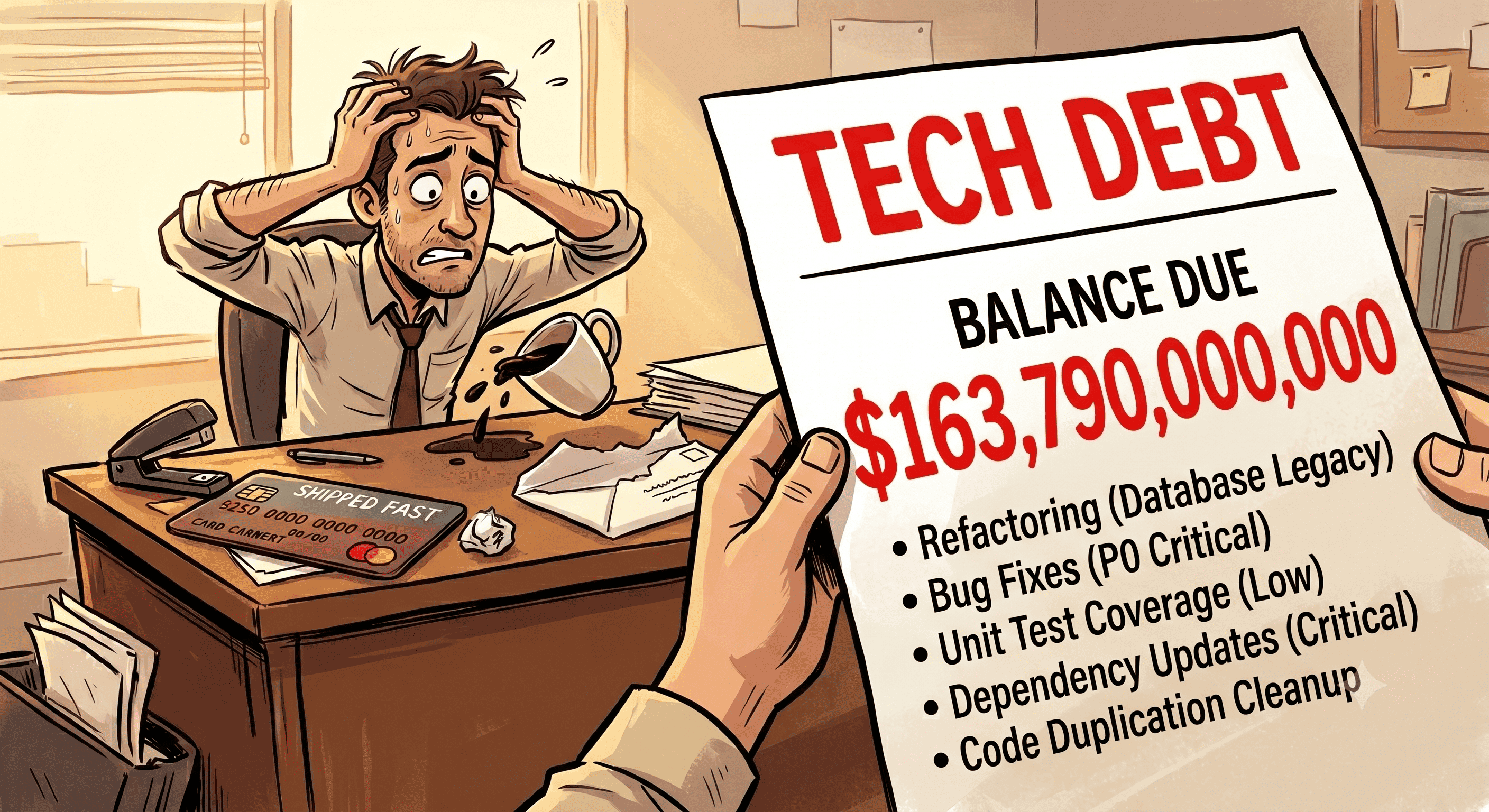 Tech Debt balance due illustration - cartoon man stressed at desk