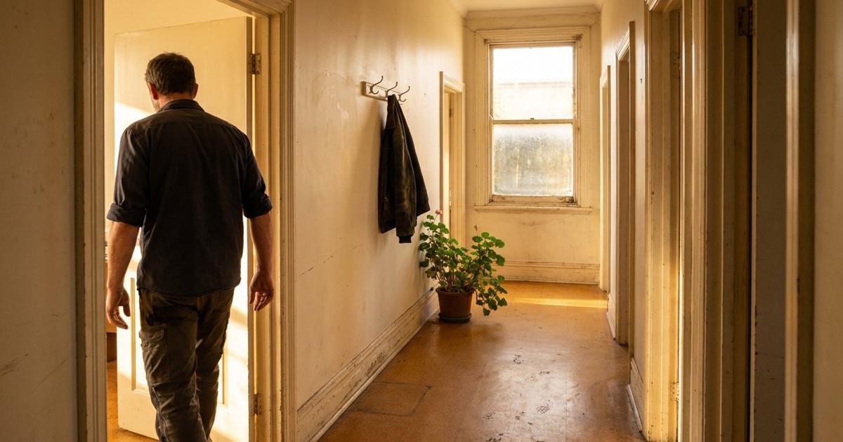 A worker steps through the one open doorway of a small business back corridor while the other doors stay closed, the physical version of scoped system access.