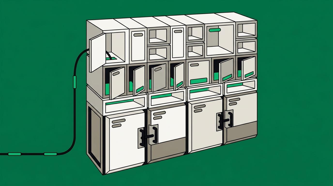 Flat isometric illustration. An isometric wall of numbered compartments of graduated sizes. A few small compartments stand open, several mid-sized ones are ajar, and the largest remain shut with their handles clearly engaged. One cable runs into a single open compartment.