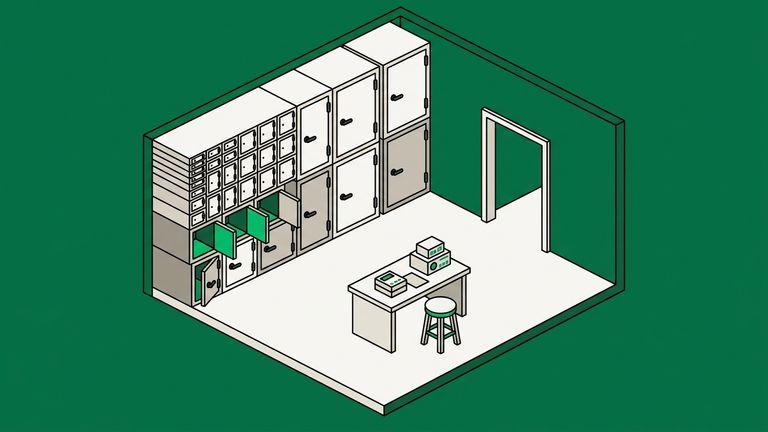 Flat isometric illustration. A secure room with floor and walls, one wall entirely of graduated compartments from small to large. The smallest few stand open, the largest are shut. A doorway leads out. Furnished, not floating.