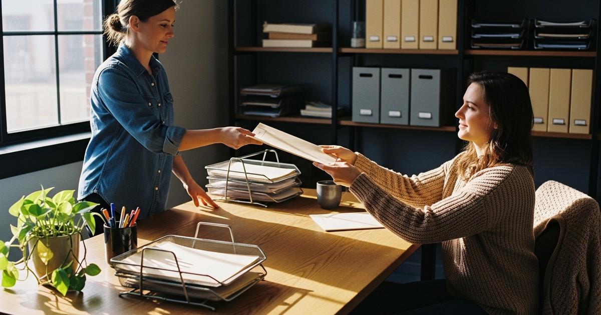 A colleague hands a plain unmarked folder across a well-used desk in a small business back office, the moment of handing off one piece of routine work.