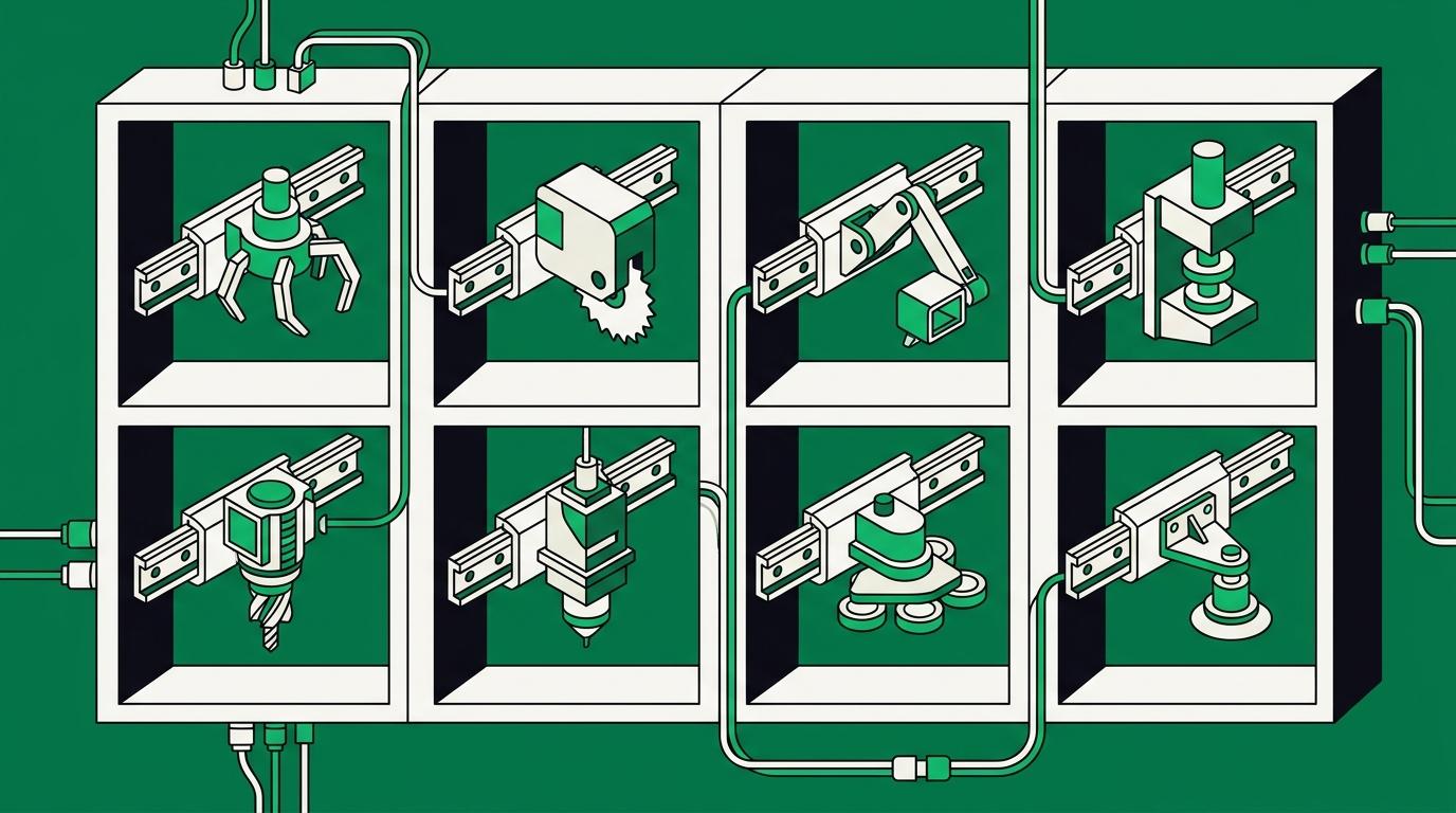 Flat isometric illustration. An isometric rack holding eight identical bays. Each bay contains a differently shaped tool head, all mounted the same way on the same rail, so the mounting is uniform and only the working ends differ.