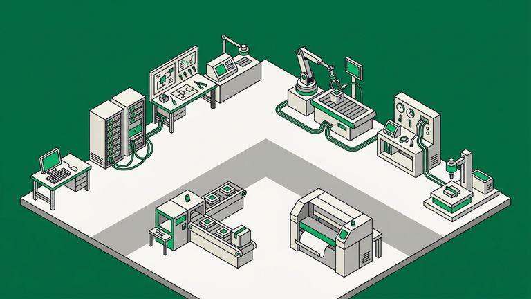 Flat isometric illustration. A wide view across a workshop floor with eight separate stations arranged around it, each set up for different work, all small within a large frame. Grounded on a floor plane.