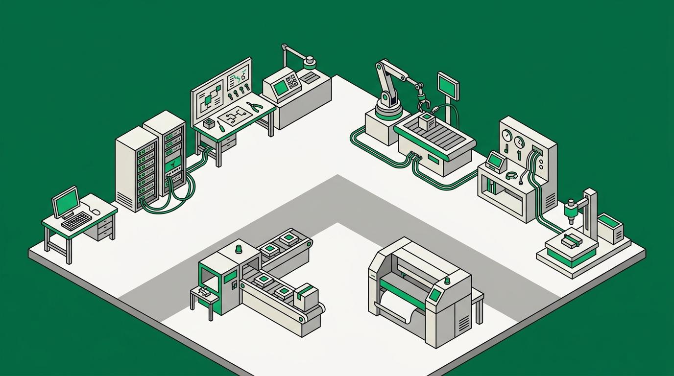 Flat isometric illustration. A wide view across a workshop floor with eight separate stations arranged around it, each set up for different work, all small within a large frame. Grounded on a floor plane.