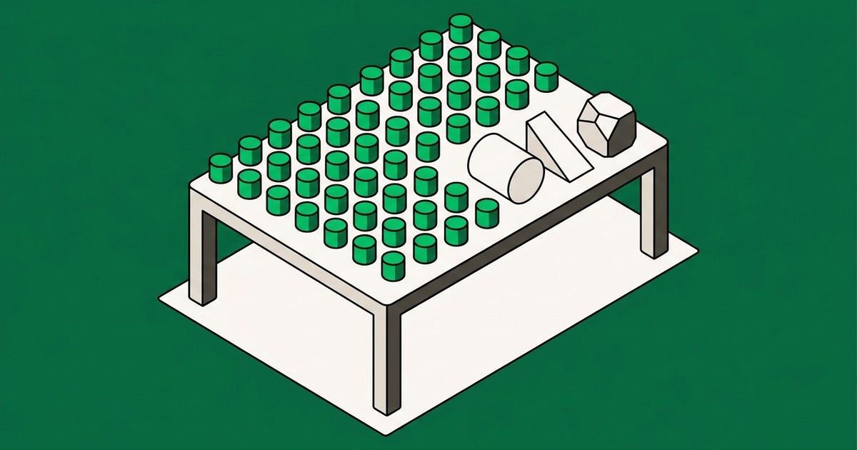 Flat isometric vector illustration on a solid deep green field. A plain off white table seen from a raised angle holds many identical small green cylinders standing in neat ordered rows across most of the surface. Near one corner the rows stop and three larger objects of different shapes, a wide cylinder lying on its side, a wedge, and an irregular block, rest at loose angles outside the pattern.