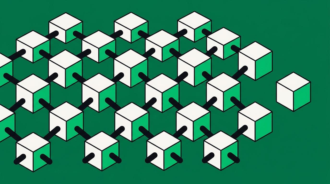 Flat isometric illustration. A grid of identical units in ordered rows, all interconnected to their neighbours, with one unit set apart at the edge connected to nothing. The pattern and its exception are the subject.