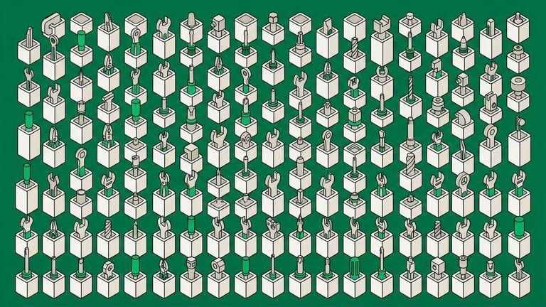 Flat isometric illustration. Rows of identical tool holders seen from above and to one side, each holding a different implement. The regular grid is the subject. Mostly off-white with the field reduced to a narrow border.