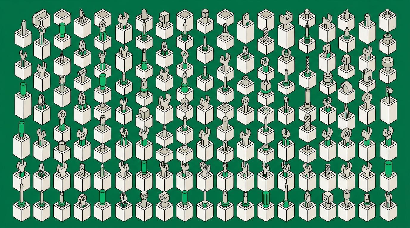 Flat isometric illustration. Rows of identical tool holders seen from above and to one side, each holding a different implement. The regular grid is the subject. Mostly off-white with the field reduced to a narrow border.