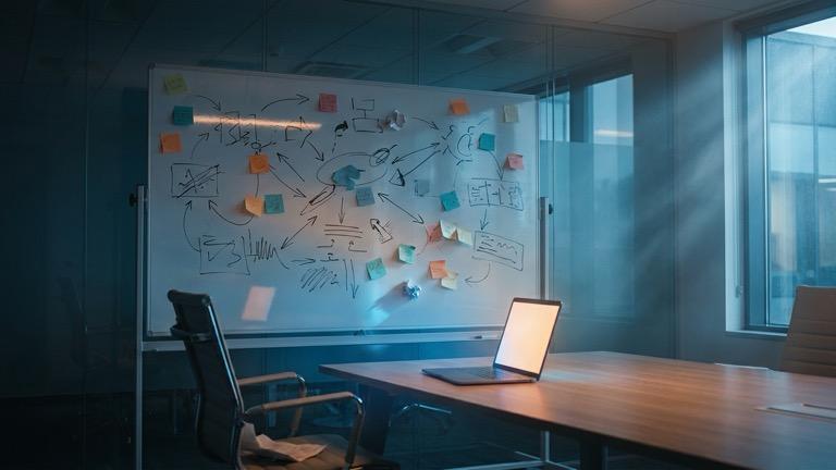 Conference room whiteboard with scattered sticky notes and abstract flowcharts
