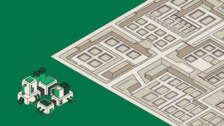 Flat isometric illustration. A wide site view: one small completed installation in the near corner, fully built, and across the rest of the large frame the marked-out foundations for many more, none of them built. Terrain and groundworks.