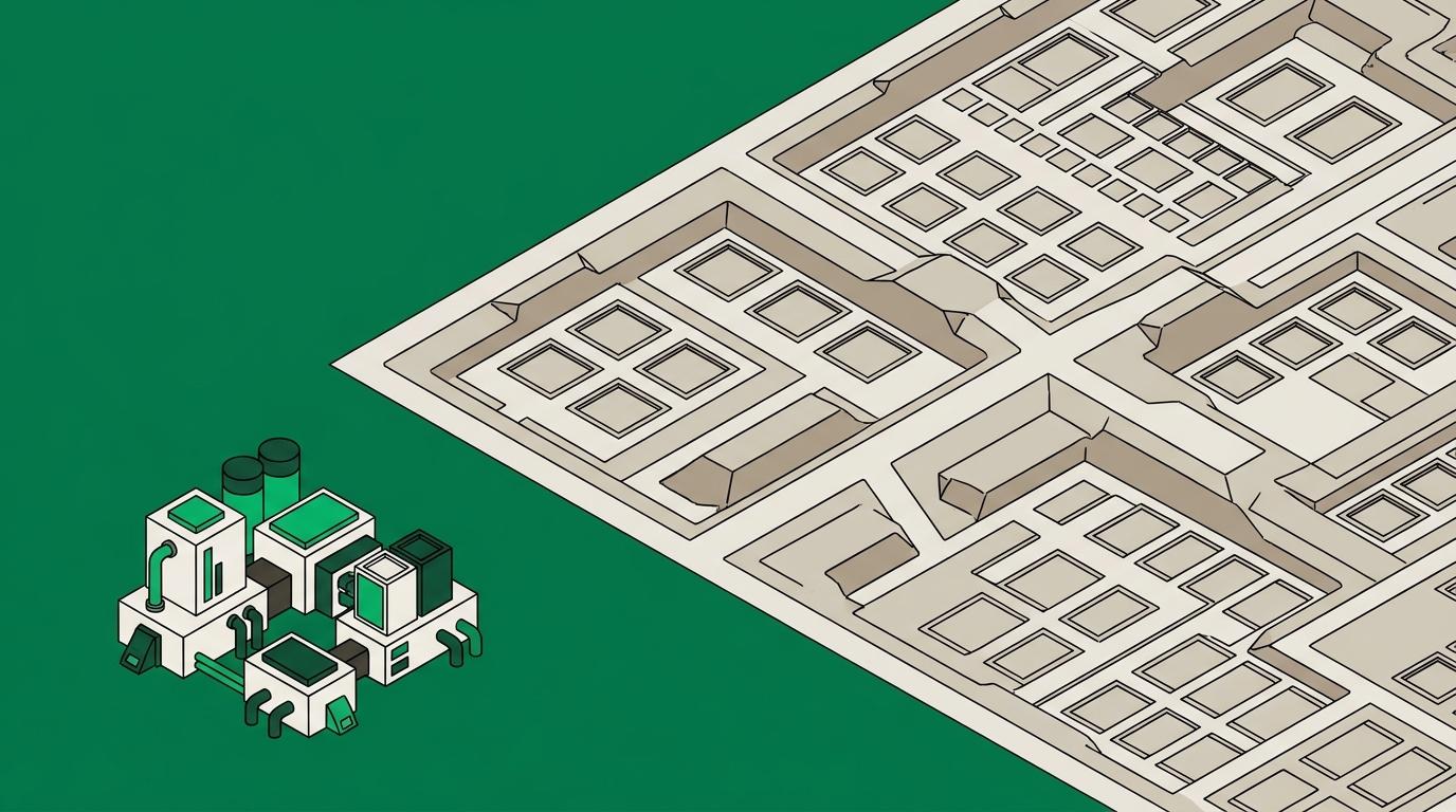 Flat isometric illustration. A wide site view: one small completed installation in the near corner, fully built, and across the rest of the large frame the marked-out foundations for many more, none of them built. Terrain and groundworks.