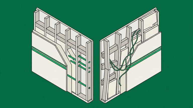 Flat isometric illustration. A cutaway through two adjacent wall assemblies revealing their interiors: one framed cleanly with even spacing, the other with crooked members and gaps. From outside both faces look identical.