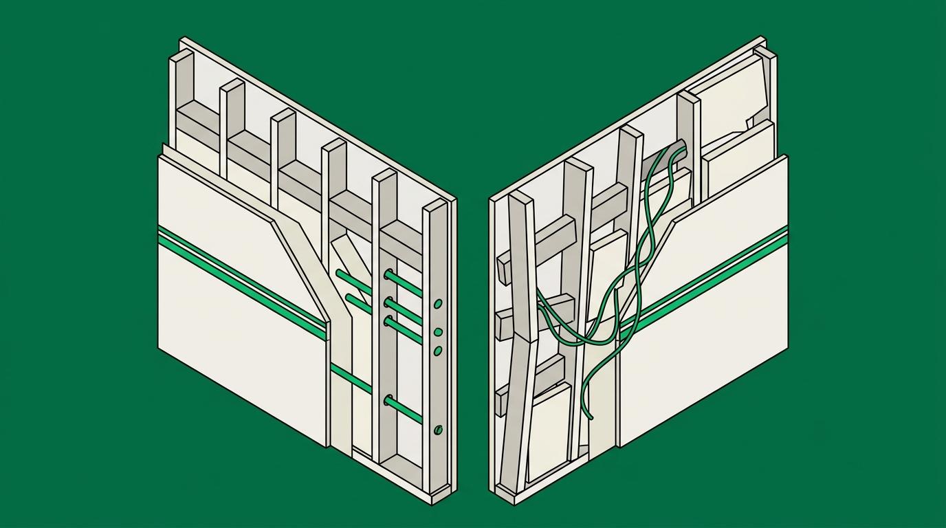 Flat isometric illustration. A cutaway through two adjacent wall assemblies revealing their interiors: one framed cleanly with even spacing, the other with crooked members and gaps. From outside both faces look identical.