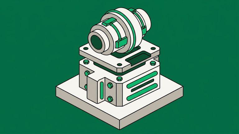 Flat isometric illustration. Two differently shaped couplings stacked one above the other with an adapter plate sandwiched between them, seen as a tiered assembly where each layer sits on the one below. Grounded on a plinth.