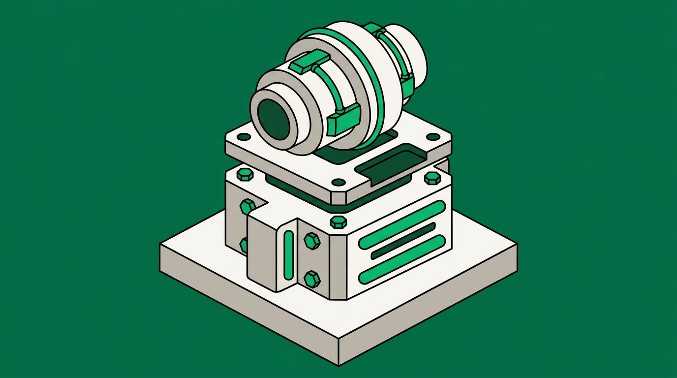 Flat isometric illustration. Two differently shaped couplings stacked one above the other with an adapter plate sandwiched between them, seen as a tiered assembly where each layer sits on the one below. Grounded on a plinth.