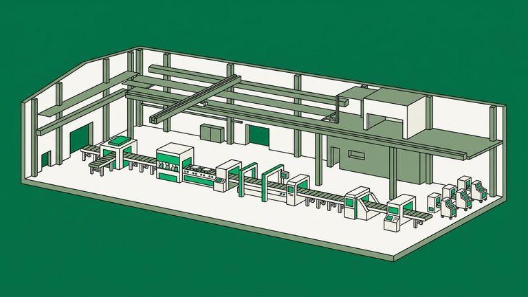 Flat isometric illustration. A whole production hall seen from a distance, its tooling line running the length of the floor and the units it produces small at the far end. The building is the subject, the products are incidental.