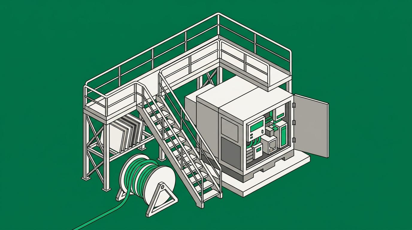 Flat isometric illustration of a small machine unit on a plinth with its service panel open, surrounded by a much larger permanent steel service structure with a walkway, access stair, a rack of spare panels and a drum of reserve conduit, showing that the apparatus needed to keep a system running is bigger than the system itself.
