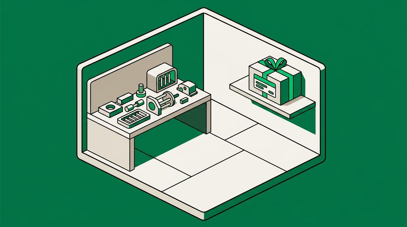 Flat isometric illustration. A workshop room with floor and walls: on one side a bench strewn with raw components and part-built work, on the other a shelf holding one sealed finished unit in its packaging. Both in the same room.