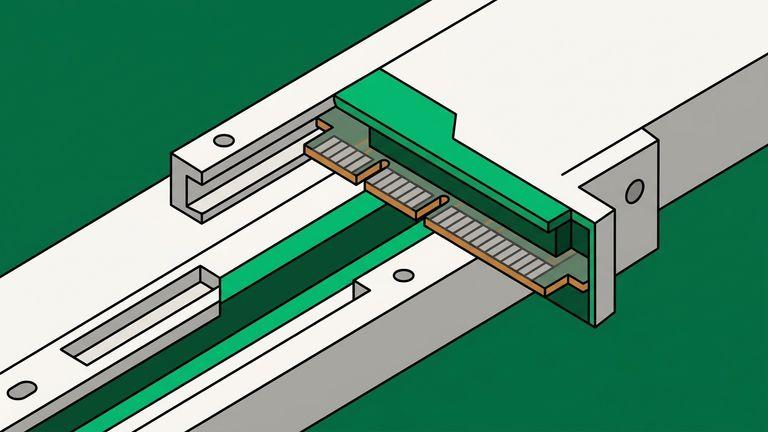 Flat isometric illustration. Extreme close view of a single rack rail and the edge connector of a module half withdrawn from it, the guide slot and contacts filling the frame.