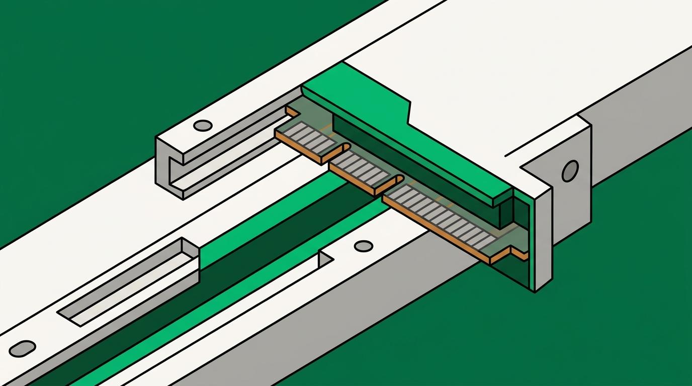 Flat isometric illustration. Extreme close view of a single rack rail and the edge connector of a module half withdrawn from it, the guide slot and contacts filling the frame.