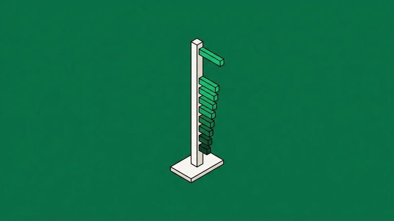 Flat isometric illustration. One slim vertical post with graduated marker bars fixed up its height, the topmost bar set far above the regular rhythm below it. Small in frame, generous empty field, grounded on a base.