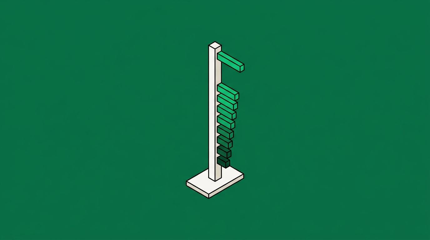 Flat isometric illustration. One slim vertical post with graduated marker bars fixed up its height, the topmost bar set far above the regular rhythm below it. Small in frame, generous empty field, grounded on a base.