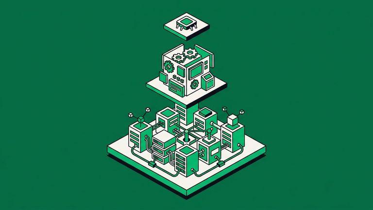 Flat isometric illustration. Three tiers stacked vertically, each broader than the one above: the top tier holds one small component, the middle an assembled module, the base a whole connected system. Grounded, read bottom to top.