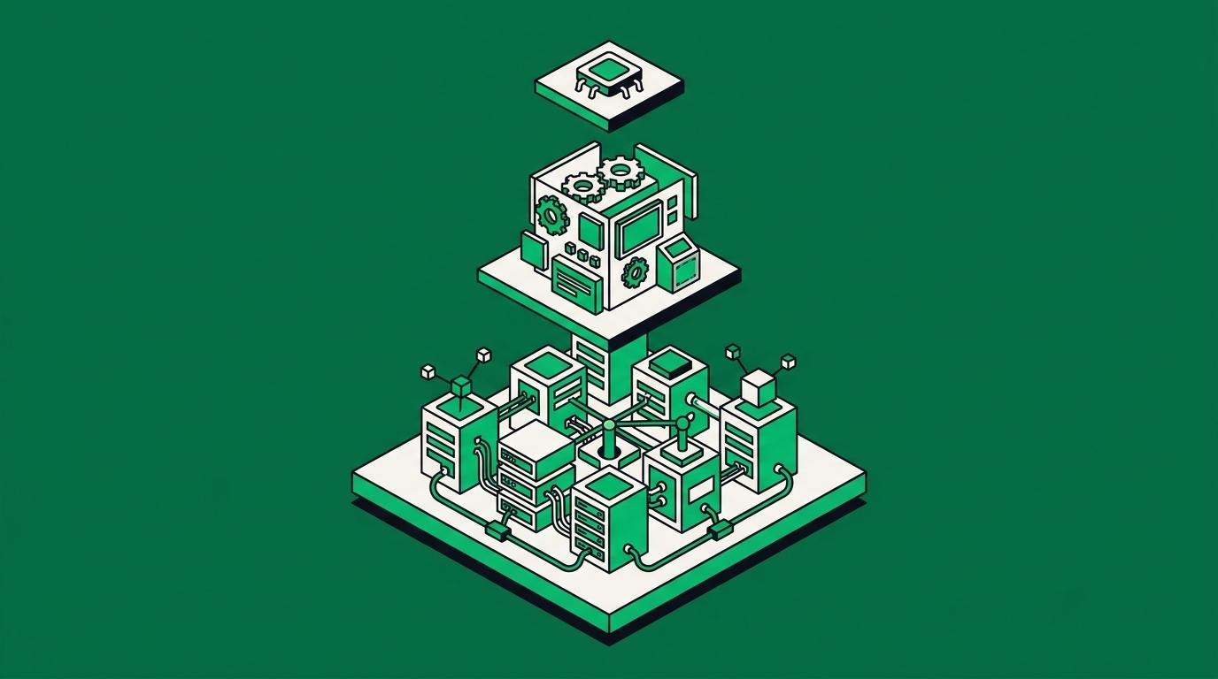 Flat isometric illustration. Three tiers stacked vertically, each broader than the one above: the top tier holds one small component, the middle an assembled module, the base a whole connected system. Grounded, read bottom to top.