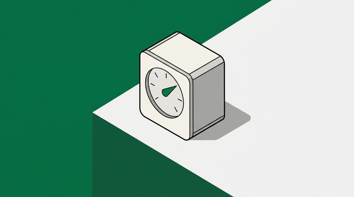 Flat isometric illustration. One sealed instrument housing with a single dial on its face, small in the frame, sitting alone on a plain surface with generous empty field around it. Quiet and understated. No cables, no other objects.