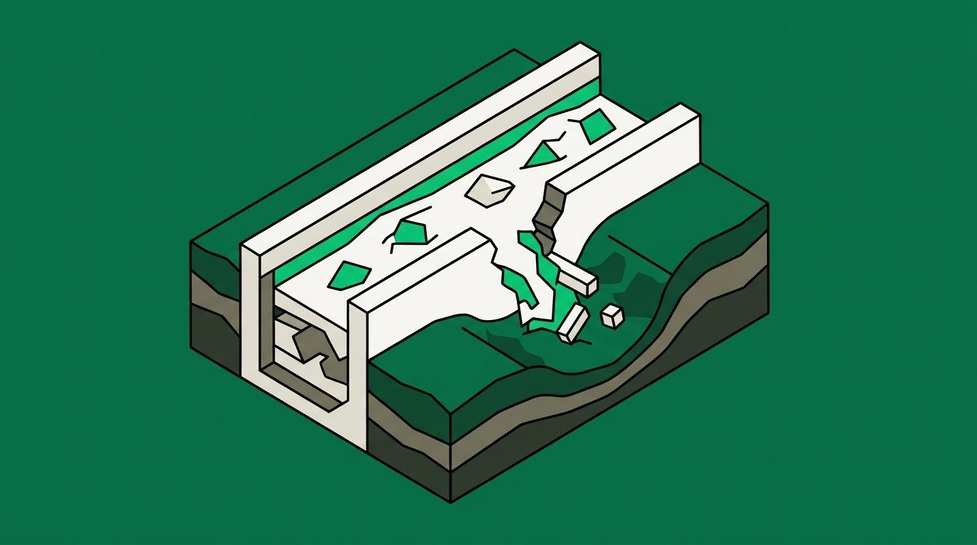 Flat isometric illustration. A cutaway through a bounded channel showing its guard walls in section, with one wall section missing and the contents escaping through the breach into the cut-away earth beside it.