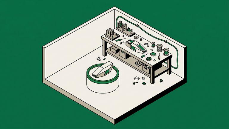 Flat isometric illustration. A room with floor and walls containing a lit display plinth holding one immaculate finished object, and behind it the untidy working bench where such things are actually made, with jigs and part-built work.