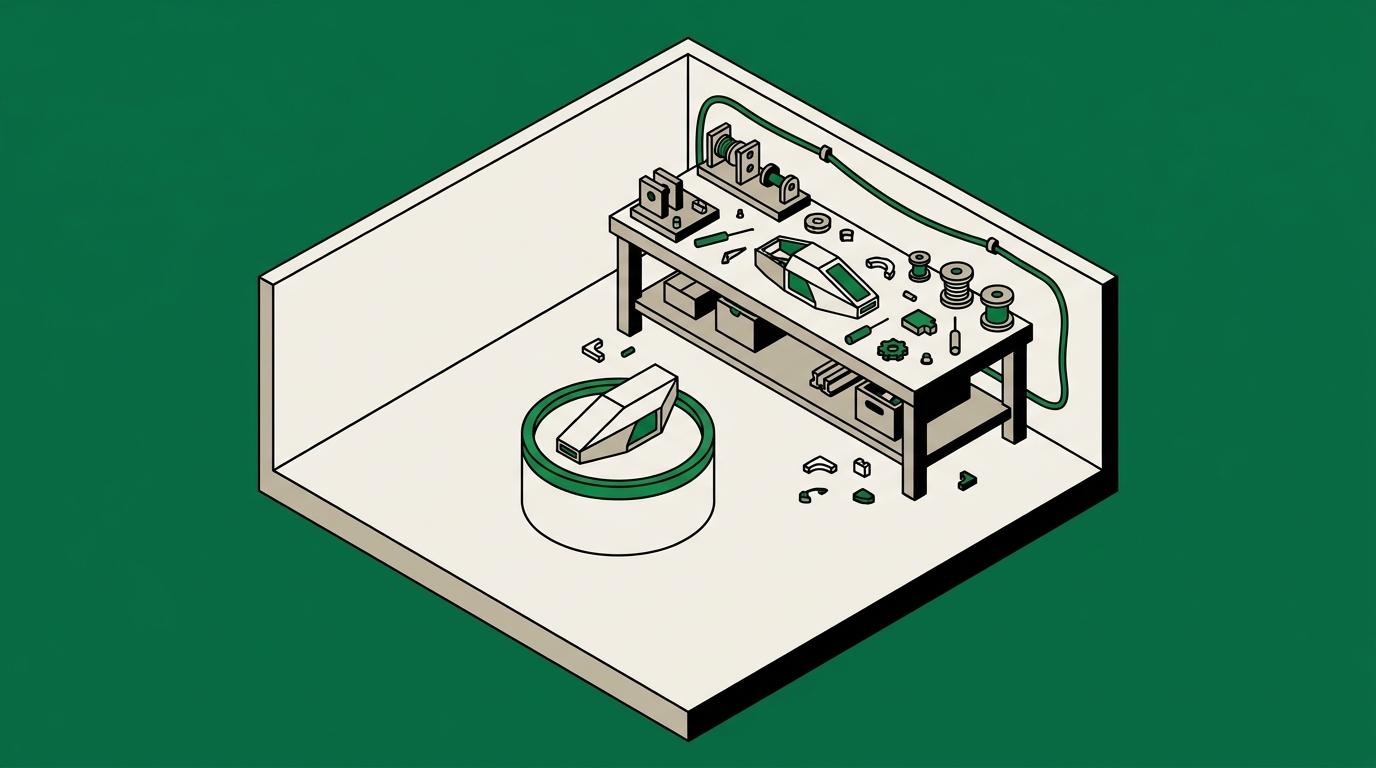 Flat isometric illustration. A room with floor and walls containing a lit display plinth holding one immaculate finished object, and behind it the untidy working bench where such things are actually made, with jigs and part-built work.