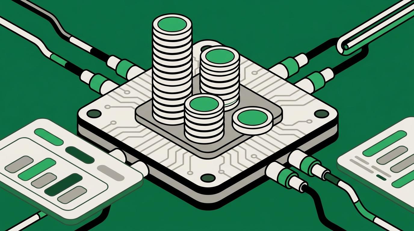 Flat isometric illustration of a processor chip with four stacks of coins of clearly unequal height standing on its surface and cables feeding in from either side, representing the four separate cost layers of running an AI agent.