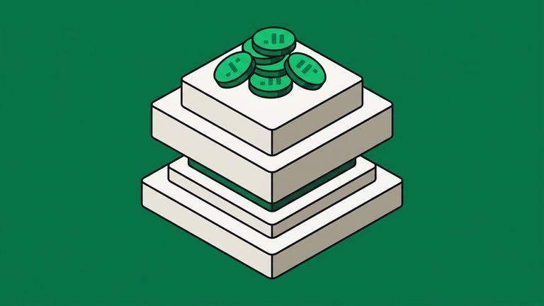 Flat isometric illustration. Four flat tiers stacked one on another like strata, each a different thickness, with coins resting on the topmost tier only. What sits on what is the point. Grounded on a plinth. No cables.