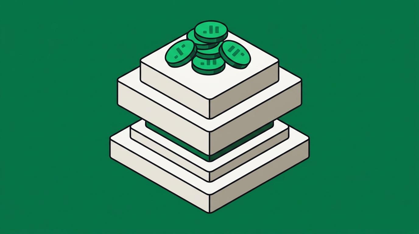 Flat isometric illustration. Four flat tiers stacked one on another like strata, each a different thickness, with coins resting on the topmost tier only. What sits on what is the point. Grounded on a plinth. No cables.