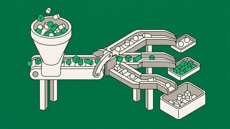Flat isometric illustration. A sorting run reading left to right: an input hopper, a diverter, then three output chutes feeding three trays of different sizes. Grounded on legs.