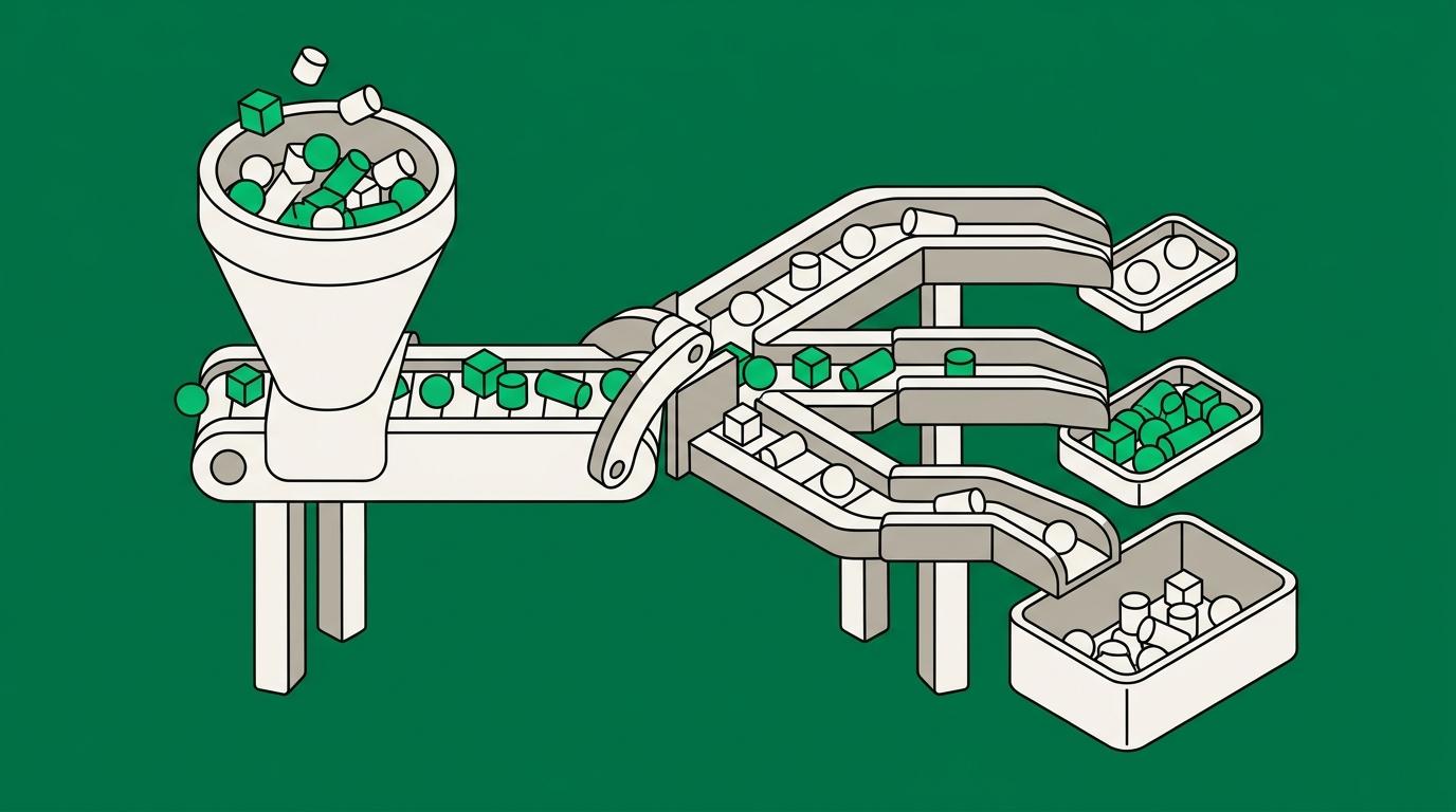Flat isometric illustration. A sorting run reading left to right: an input hopper, a diverter, then three output chutes feeding three trays of different sizes. Grounded on legs.