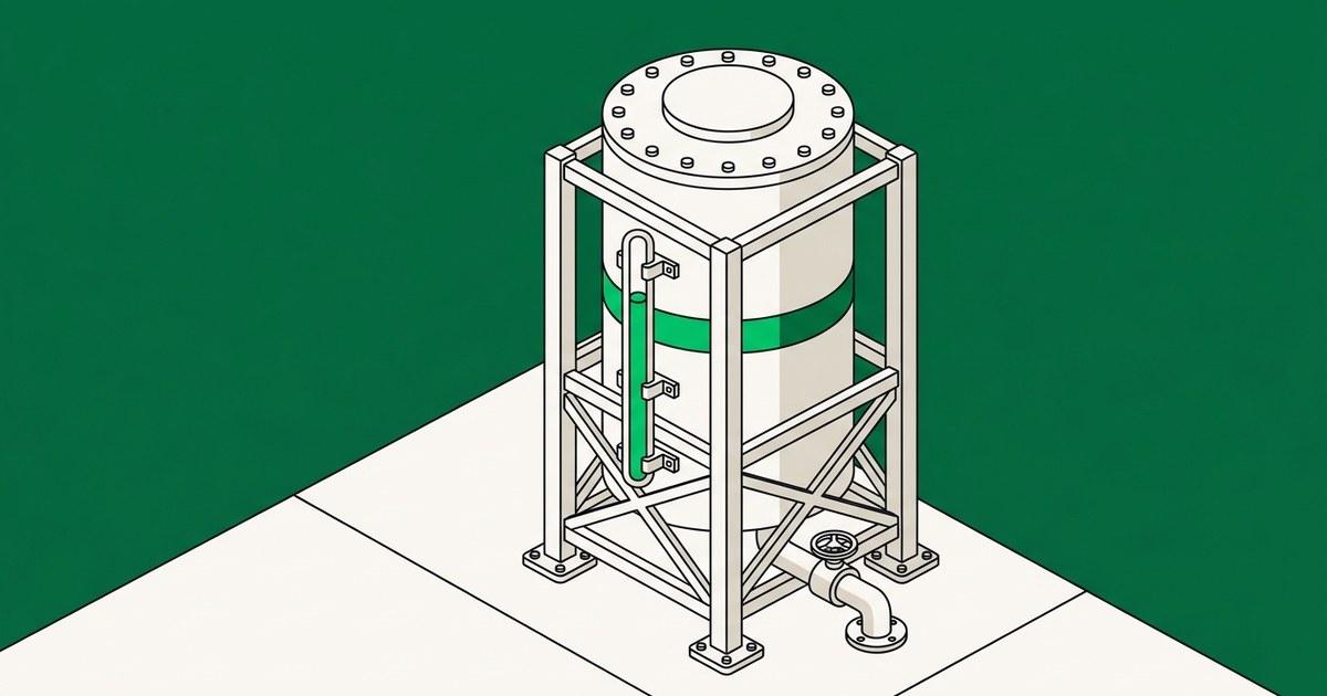 Flat isometric illustration of an off-white holding tank in a braced frame, with a green level in an external gauge tube sitting just above a painted band on the tank