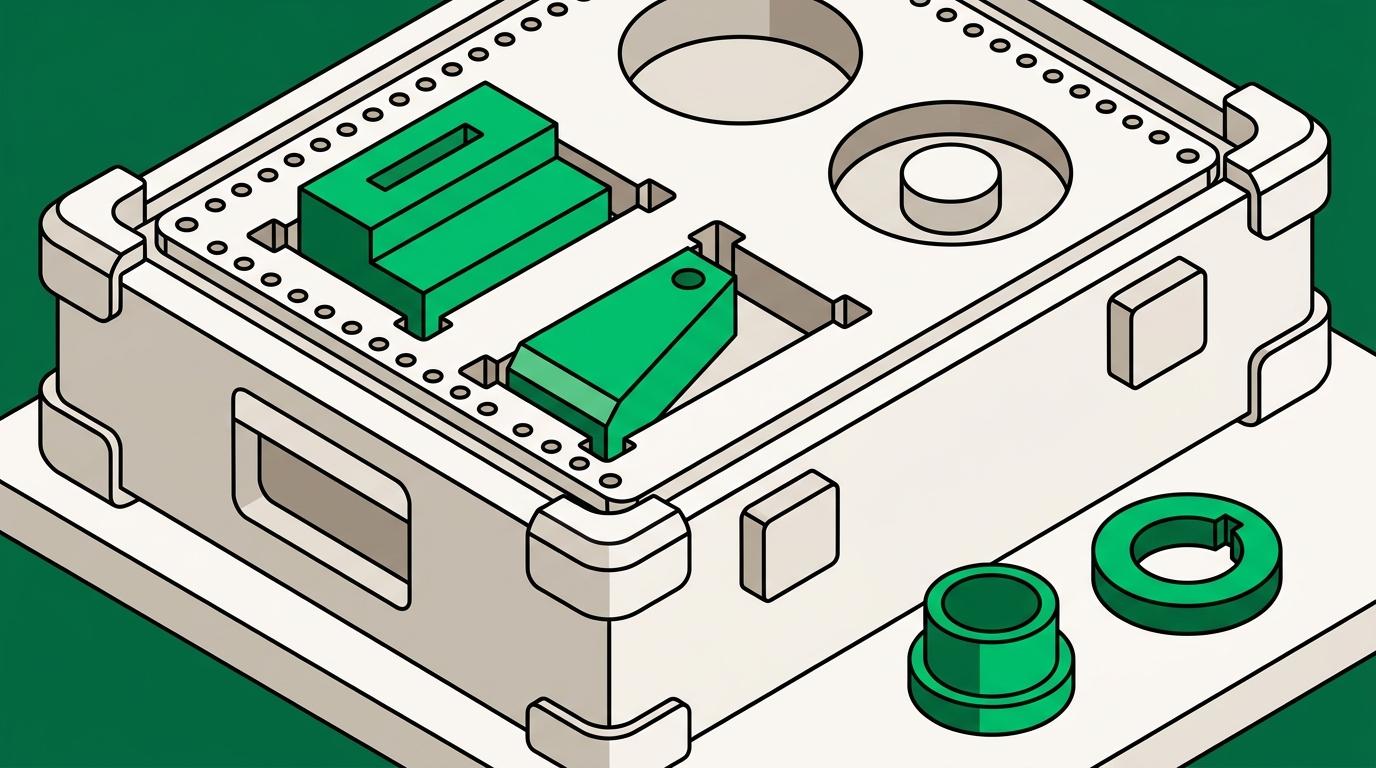 Flat isometric illustration of a precision tooling case whose machined insert holds two green components seated flush in their pockets while two pockets sit empty, with the two matching loose components waiting on the plinth beside it.