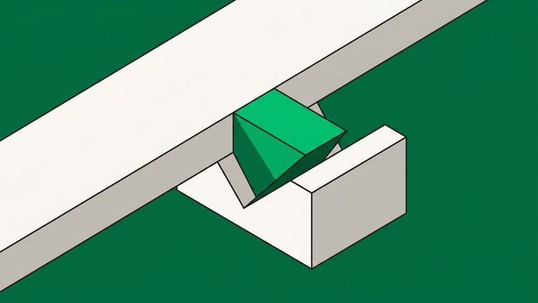 Flat isometric illustration. Extreme close view of a single balance-beam pivot: the knife edge, the bearing seat, and the first inch of the beam either side, filling the frame. Almost nothing else visible. Very few elements, very large. No cables.