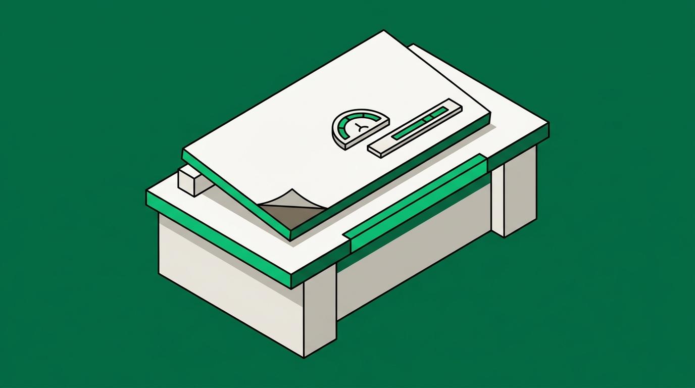Flat isometric illustration. An isometric inspection bench with a large flat panel laid across it. A measuring gauge and a straight edge rest on the panel, and one corner of the panel is raised slightly on a block so its underside is visible for checking.