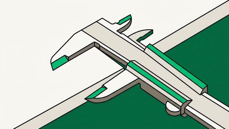 Flat isometric illustration. Extreme close view of the edge of a flat panel with a measuring gauge resting across it, the gauge jaws and the panel edge filling the frame. One shallow gap visible under the straight edge.